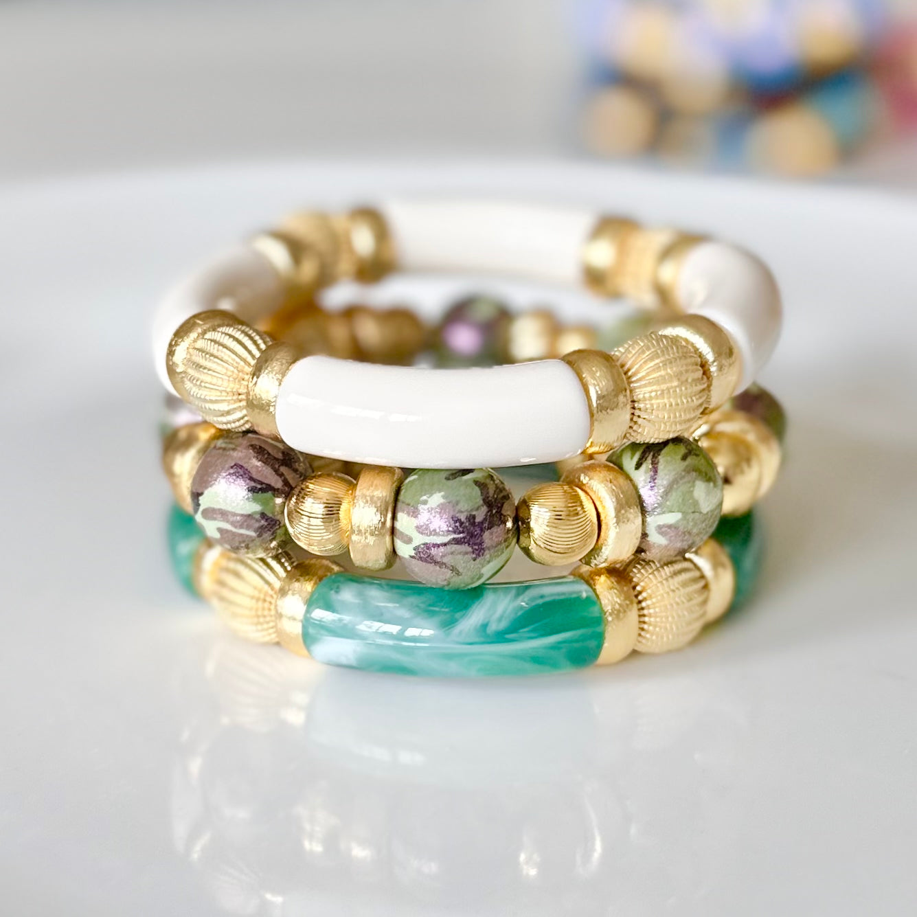 GREEN MARBLE LINK BANGLE WITH CZ AND GOLD ACCENTS