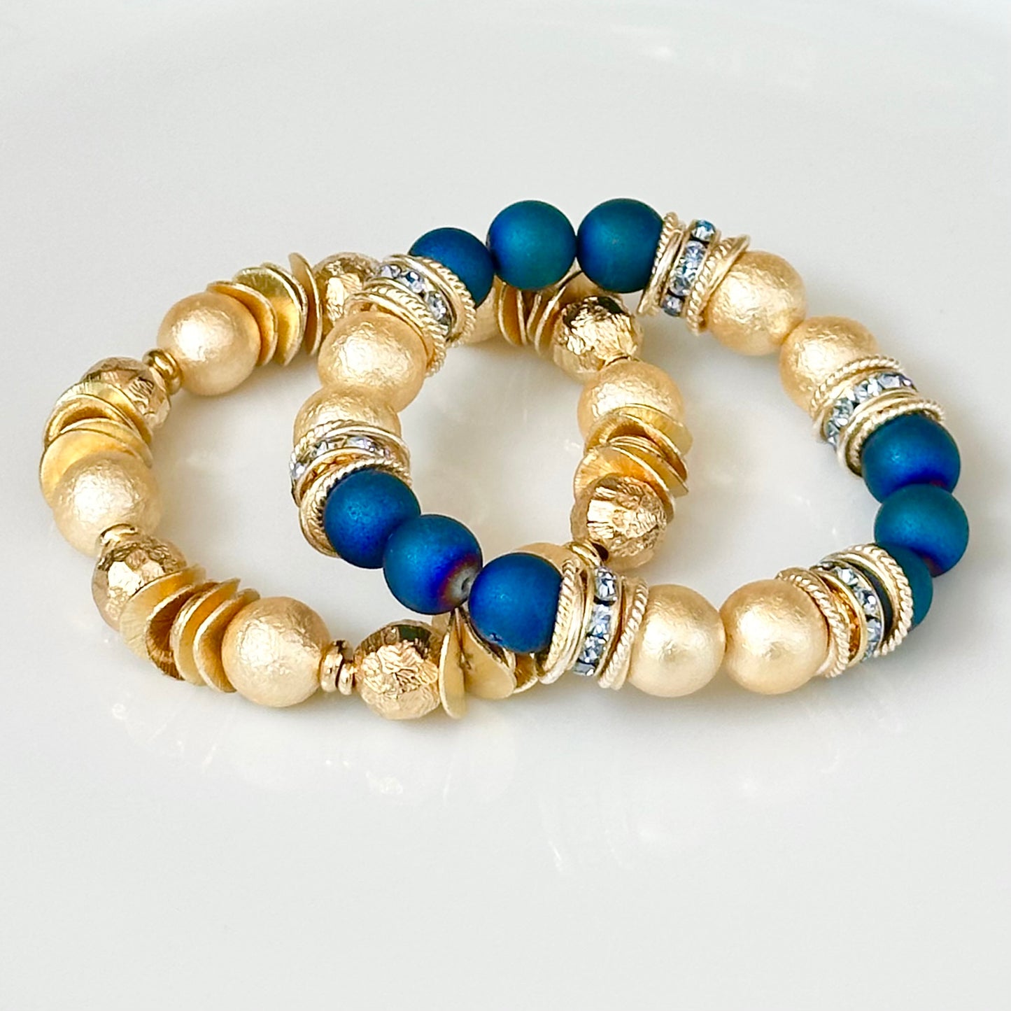 BLUE DRUZY AGATE GEMSTONE BANGLE WITH GOLD ACCENTS