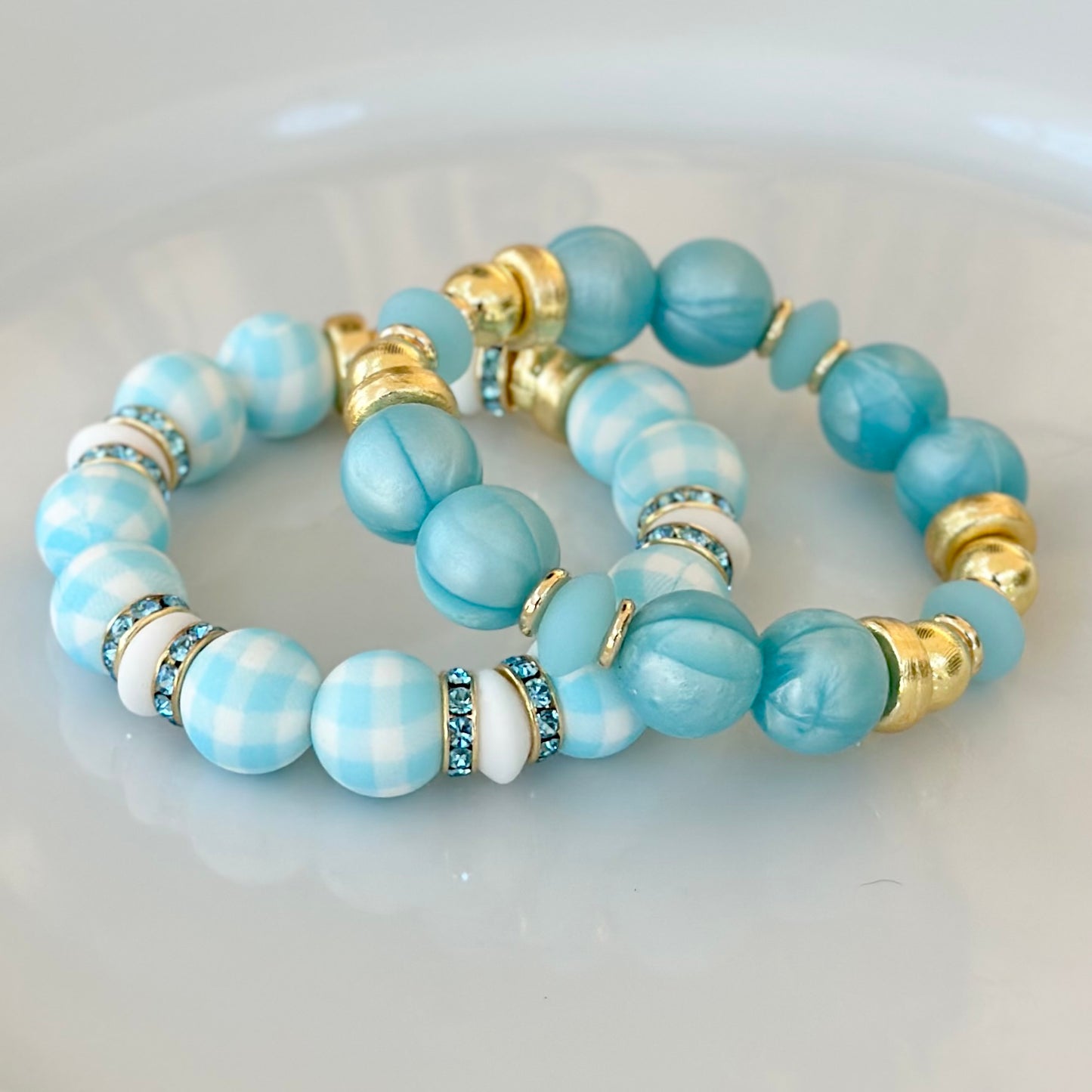 LIGHT BLUE AND TURQUOISE PLAID BANGLE WITH GOLD AND TURQUOISE CZ ACCENTS