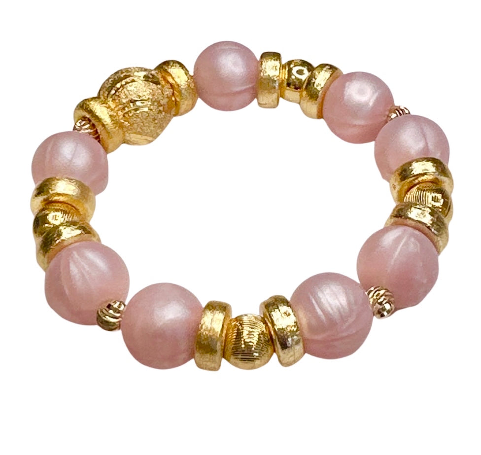 PEARLIZED LIGHT PINK AND GOLD BANGLE WITH CZ ACCENTS