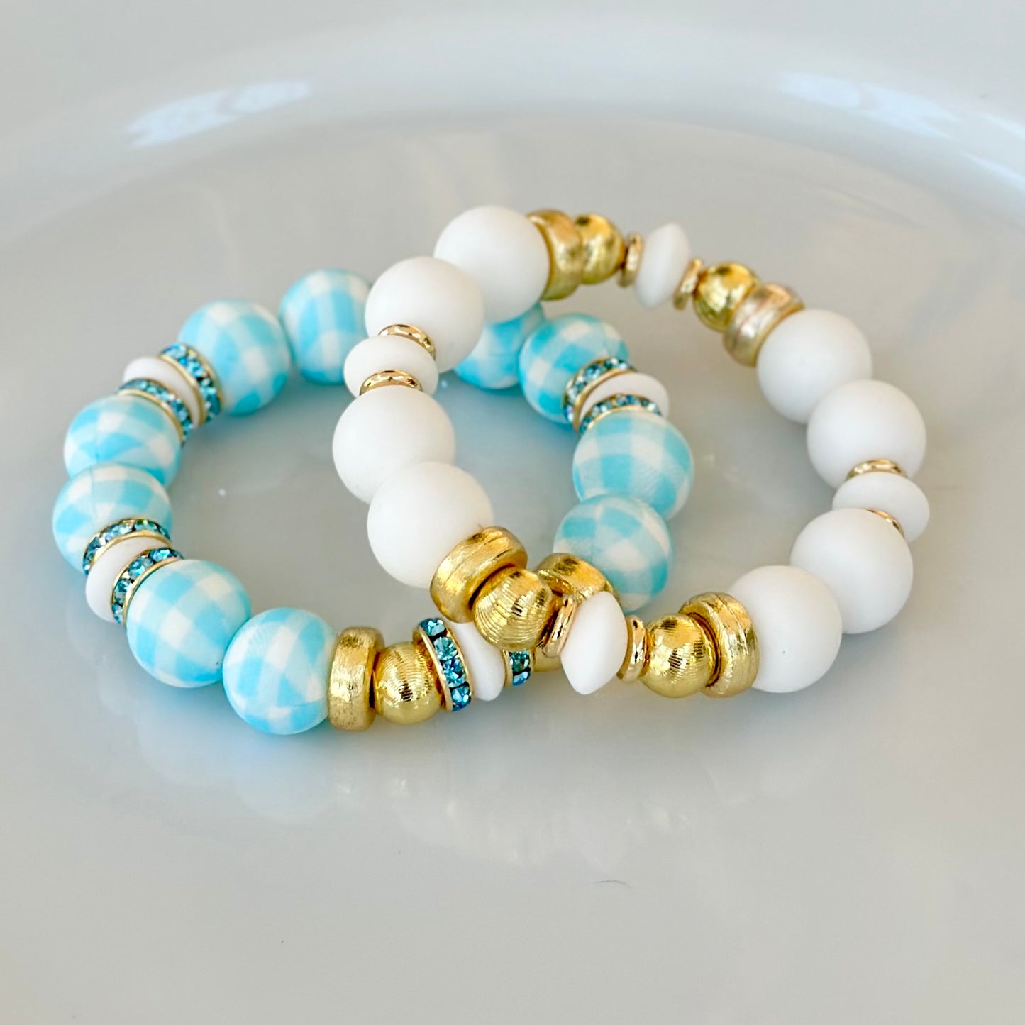 LIGHT BLUE AND TURQUOISE PLAID BANGLE WITH GOLD AND TURQUOISE CZ ACCENTS
