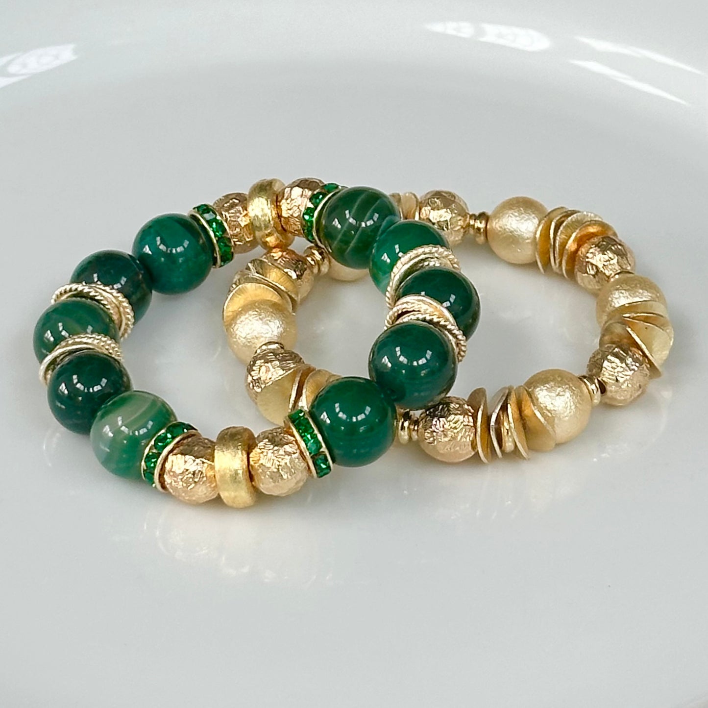 GREEN AGATE GEMSTONE BANGLE WITH GOLD AND CRYSTAL ACCENTS