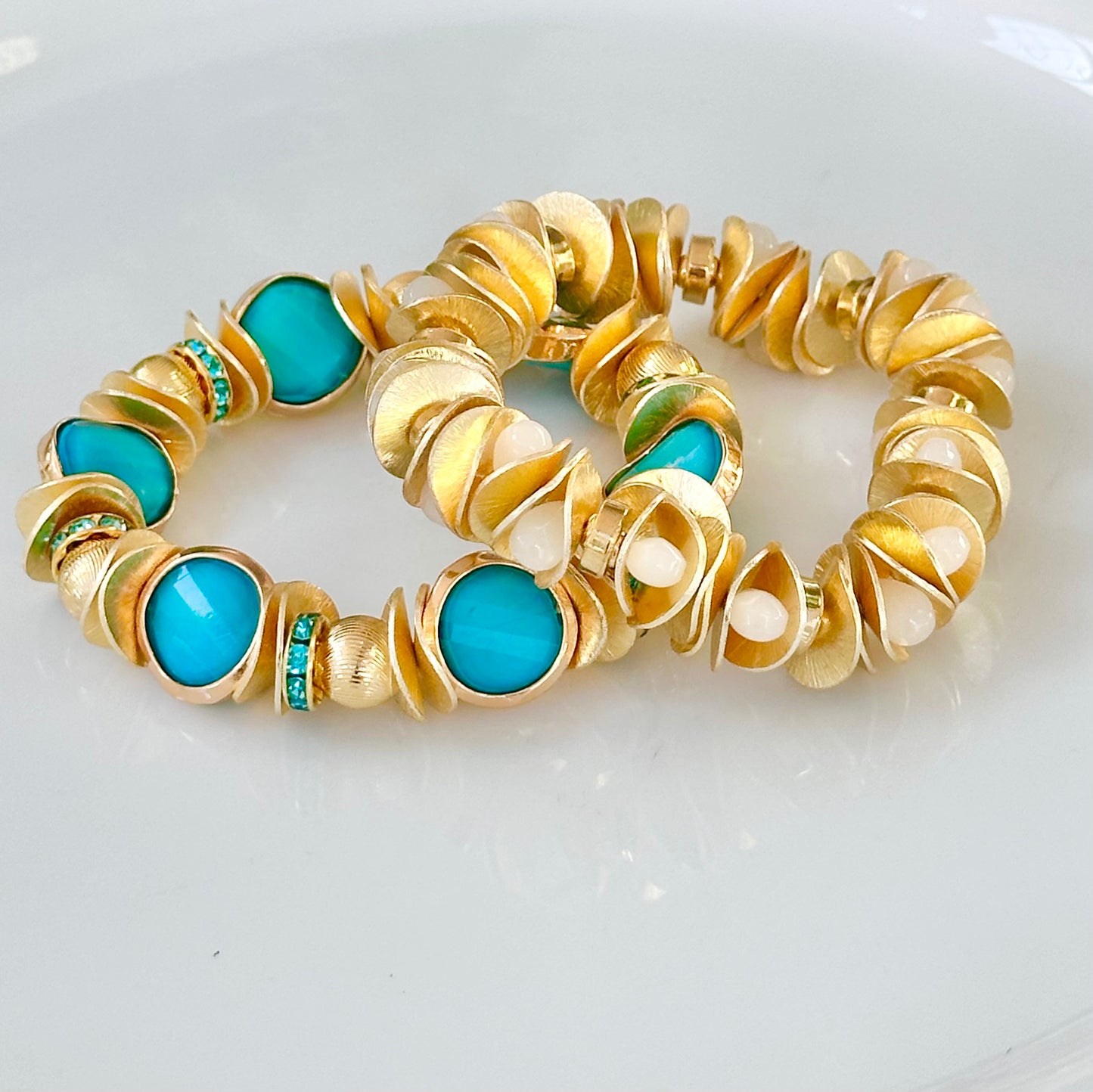 TURQUOISE AND GOLD COIN BANGLE WITH WAVY DISC, GOLD AND CRYSTAL ACCENTS