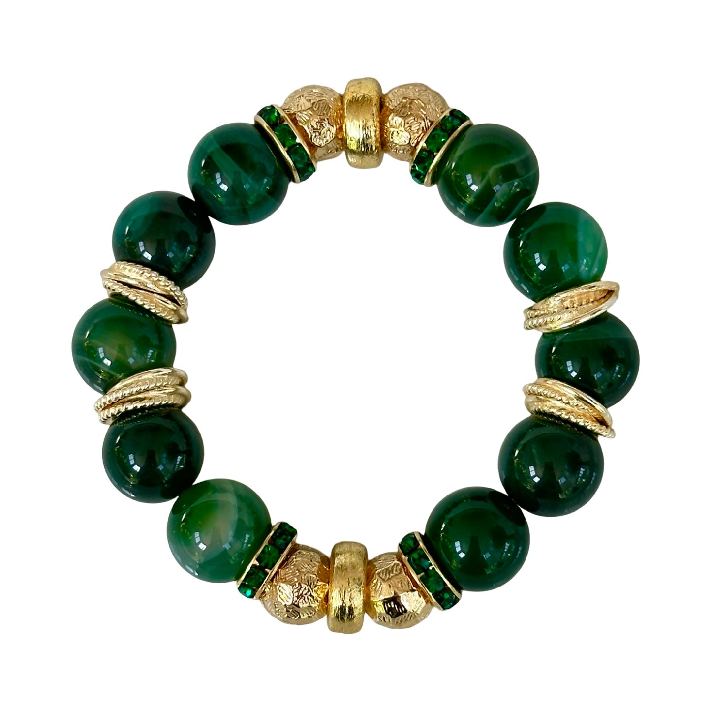 GREEN AGATE GEMSTONE BANGLE WITH GOLD AND CRYSTAL ACCENTS