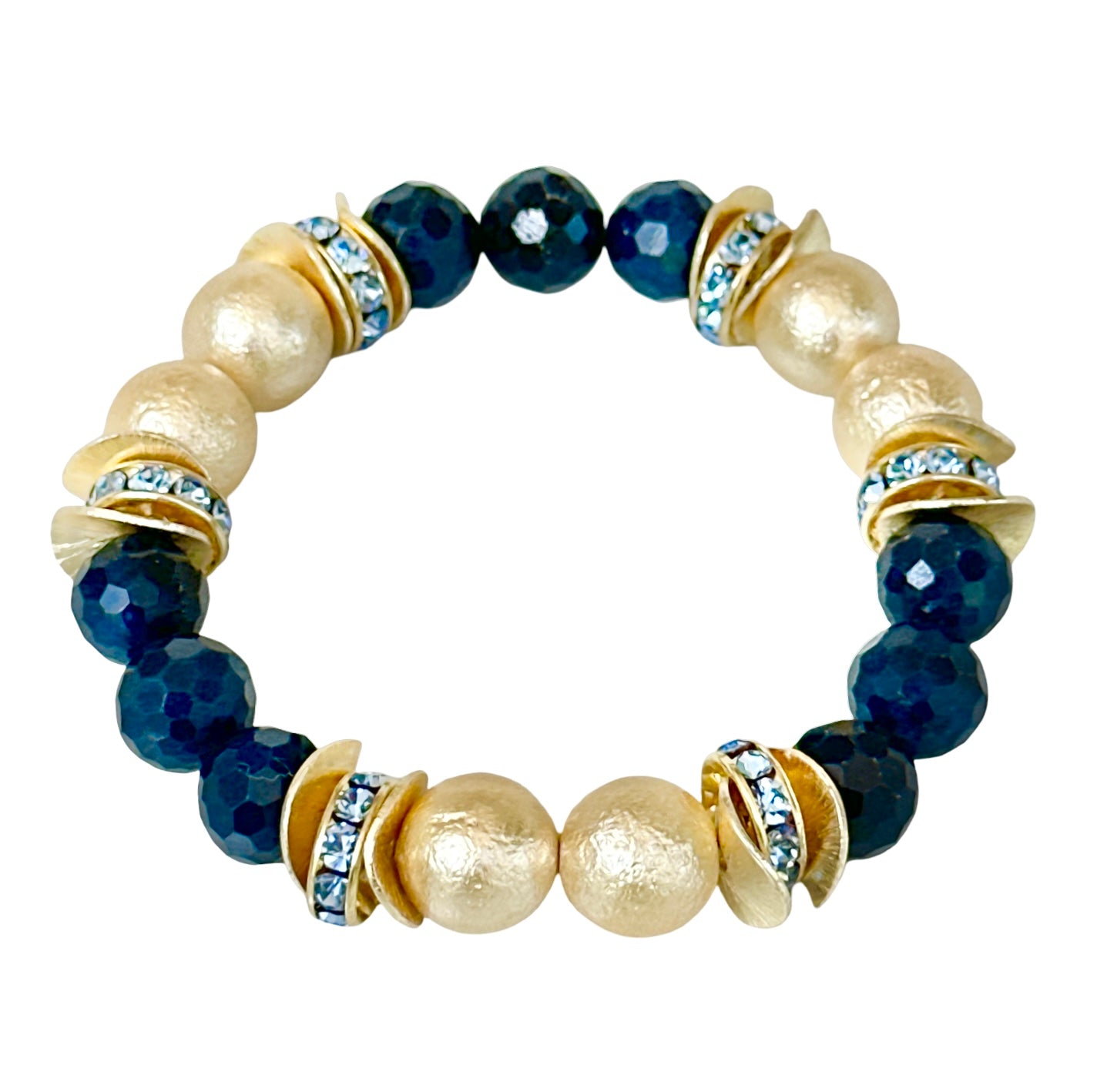 NAVY BLUE FACETED GEMSTONE, GOLD WAVY DISC BANGLE WITH GOLD AND CRYSTAL ACCENTS