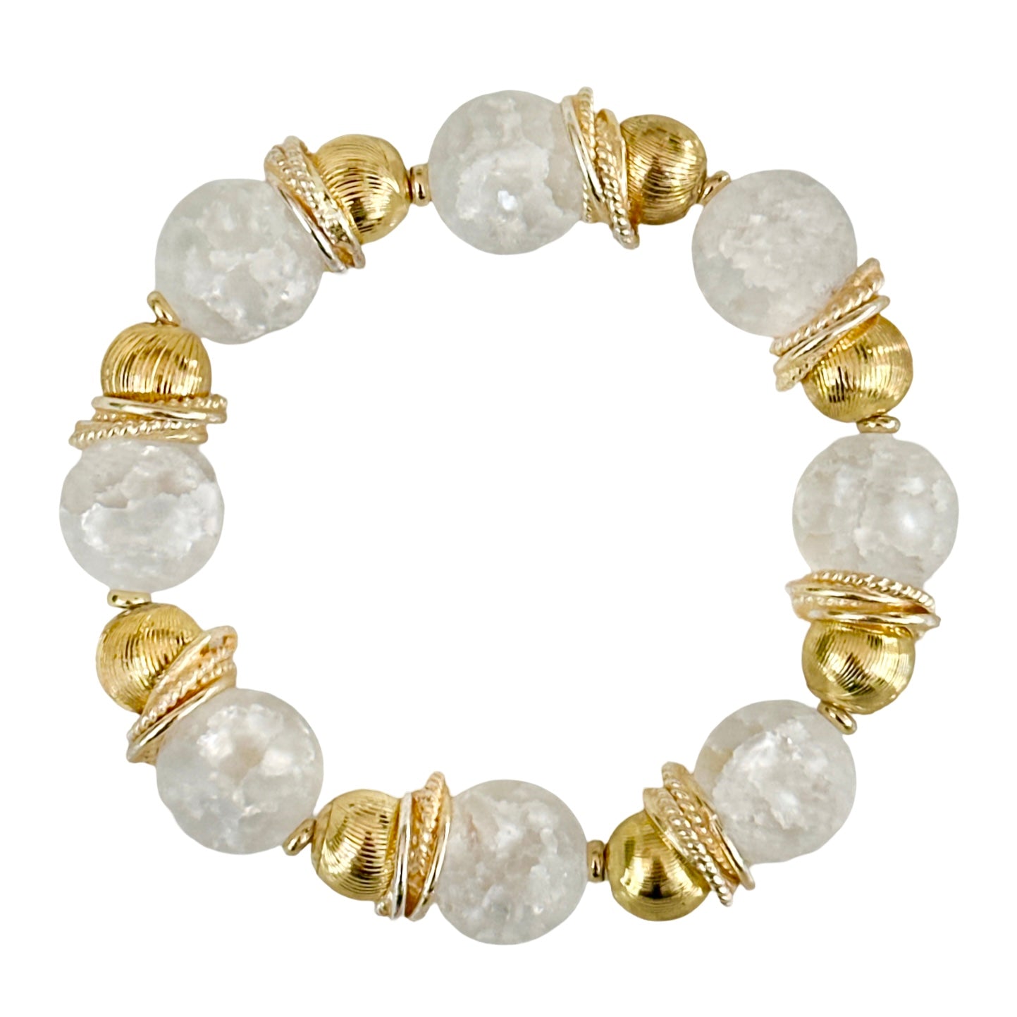 WHITE CRACKLE QUARTZ GEMSTONE BANGLE WITH GOLD ACCENTS