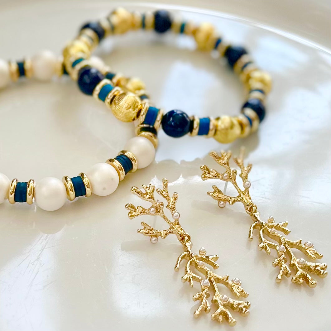 CORAL BRANCH GOLD AND PRARL EARRING
