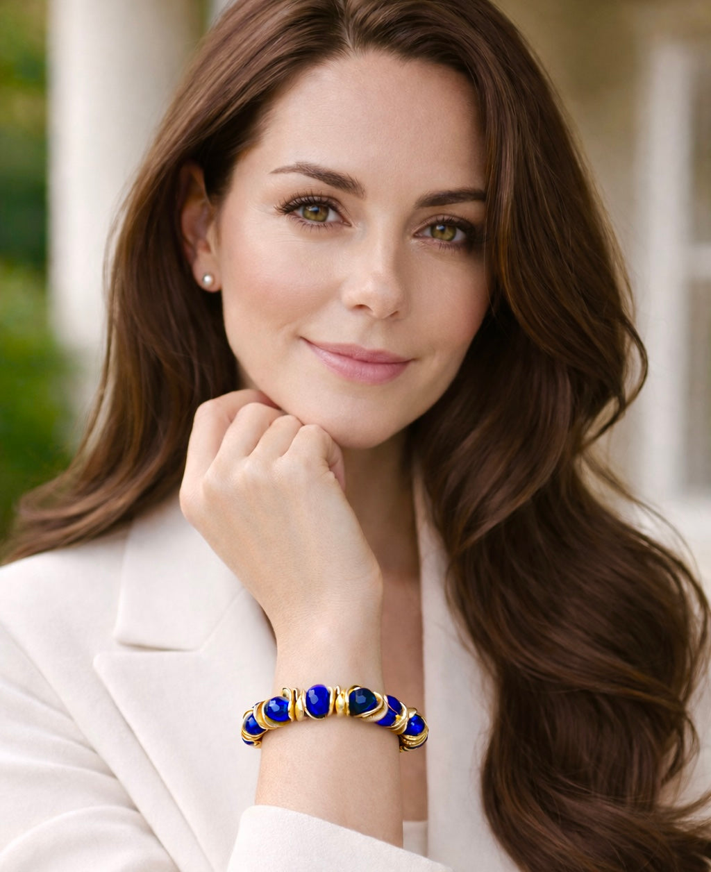 GOLD WAVY DISC AND BLUE FACETED BRIOLETTE BANGLE