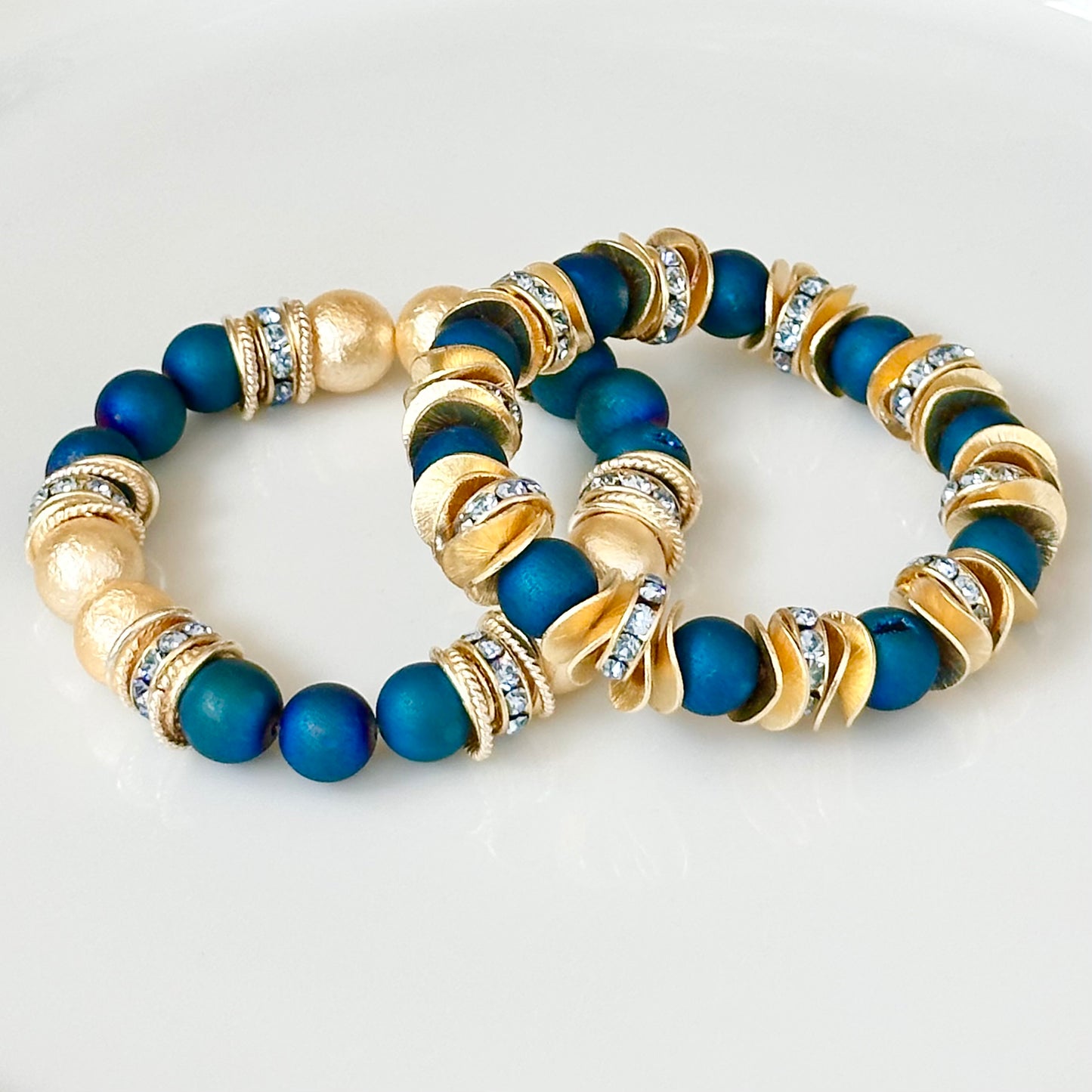 BLUE DRUZY AGATE GEMSTONE BANGLE WITH GOLD ACCENTS