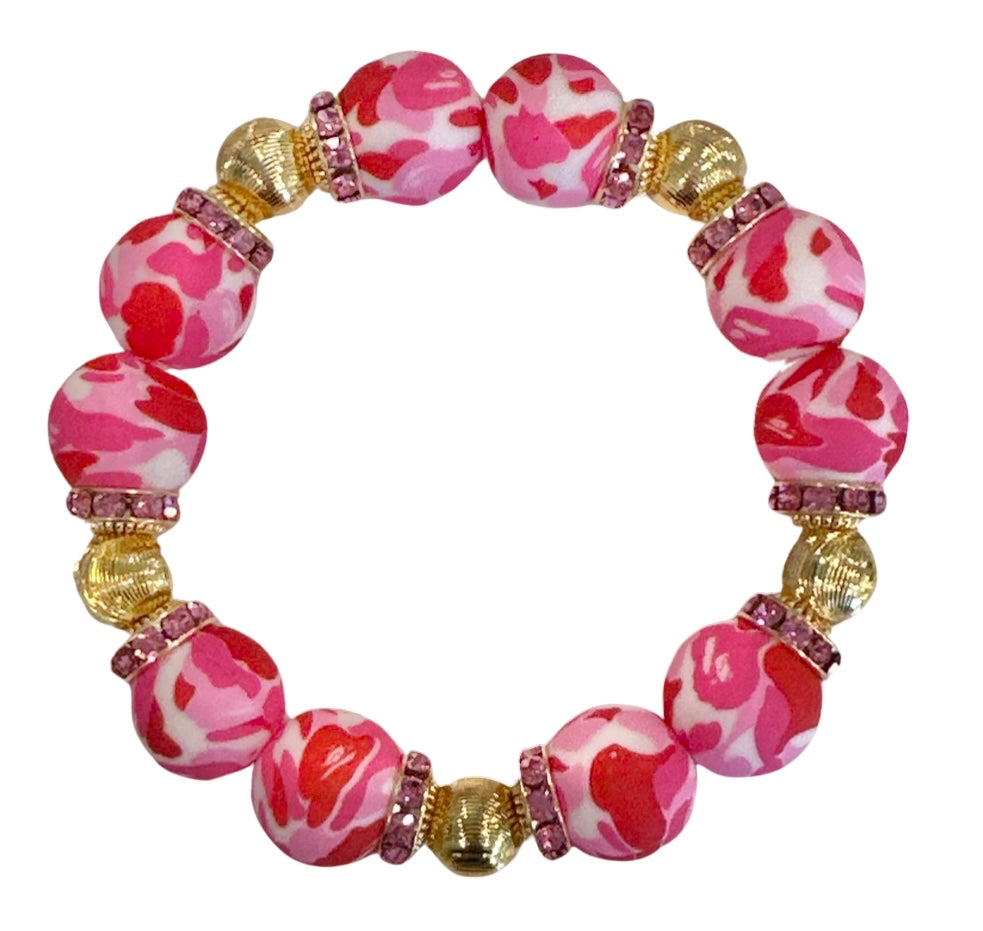 PINK CAMO BANGLE WITH GOLD AND CZ ACCENTS