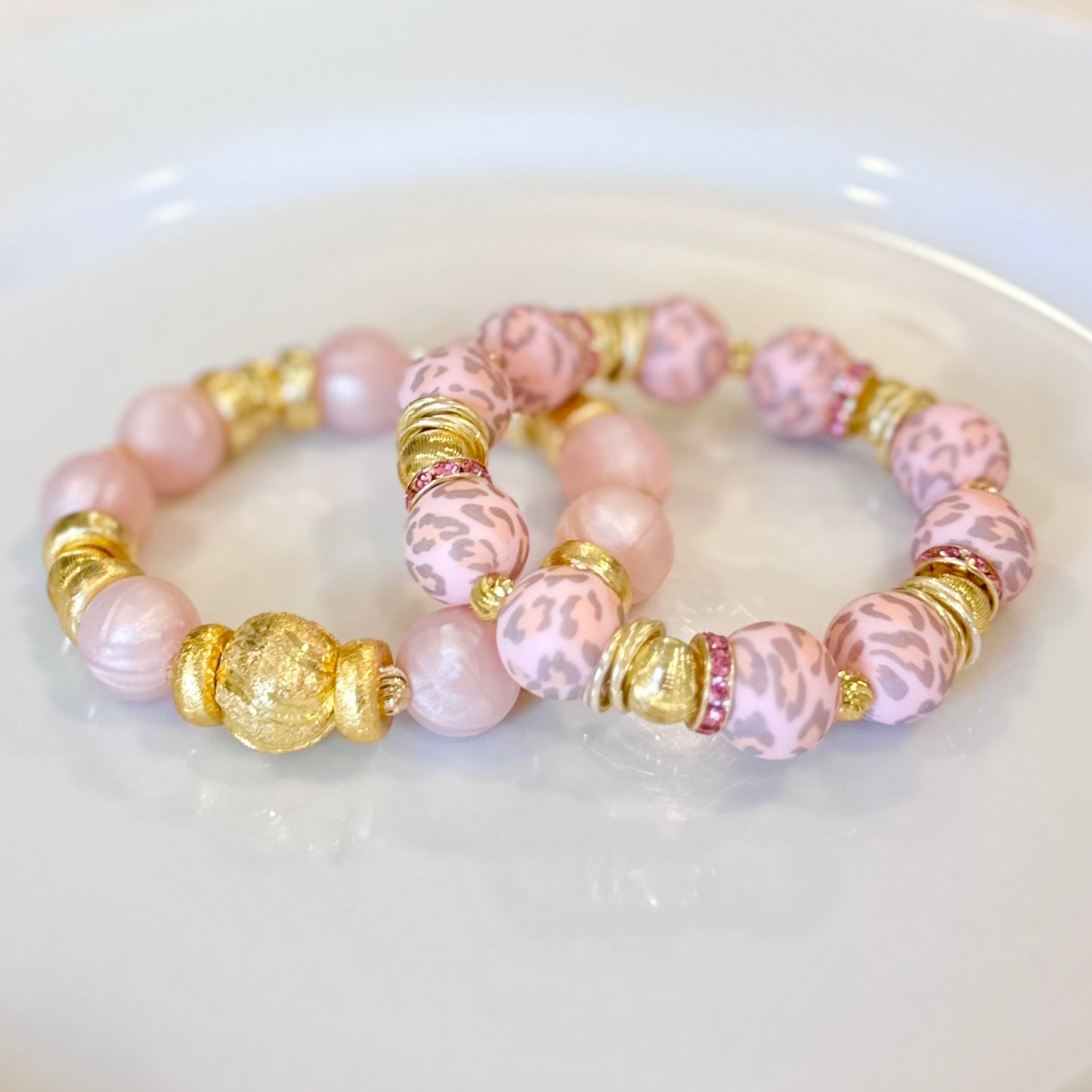PEARLIZED LIGHT PINK AND GOLD BANGLE WITH CZ ACCENTS