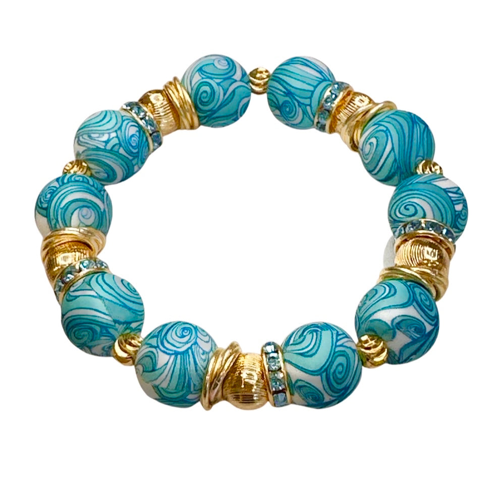 TURQUOISE AND WHITE PAISLEY PATTERN BANGLE WITH GOLD AND CZ BANGLE