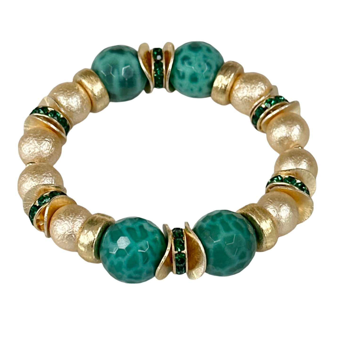 GREEN AGATE GEMSTONE BANGLE WITH GOLD AND CRYSTAL ACCENTS