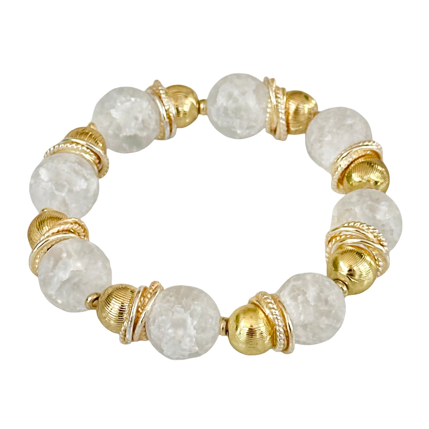 WHITE CRACKLE QUARTZ GEMSTONE BANGLE WITH GOLD ACCENTS
