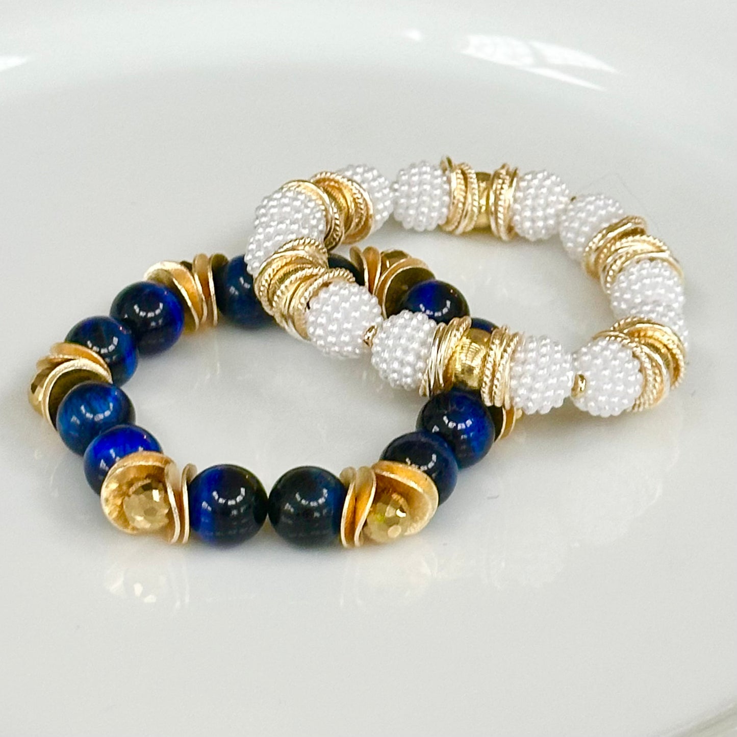 SAPPHIRE TIGERS EYE GEMSTONE BANGLE WITH GOLD WAVY DISC AND CRYSTAL ACCENTS