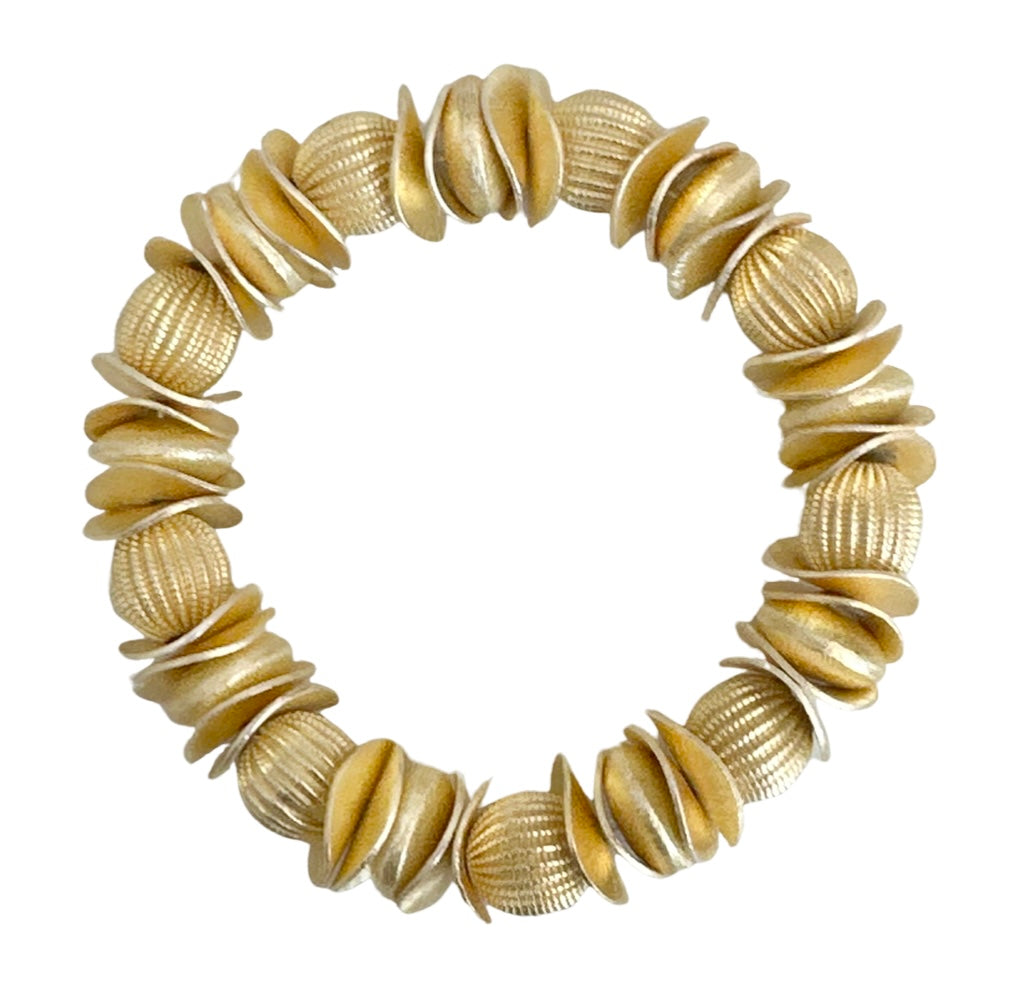 GOLD WAVY DISC AND CORRUGATED STATEMENT BRACELET
