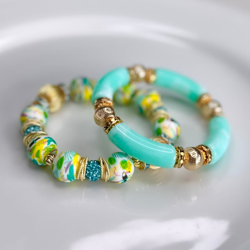 LIGHT TURQUOISE MARBLE LINK BRACELET WITH CZ ACCENTS