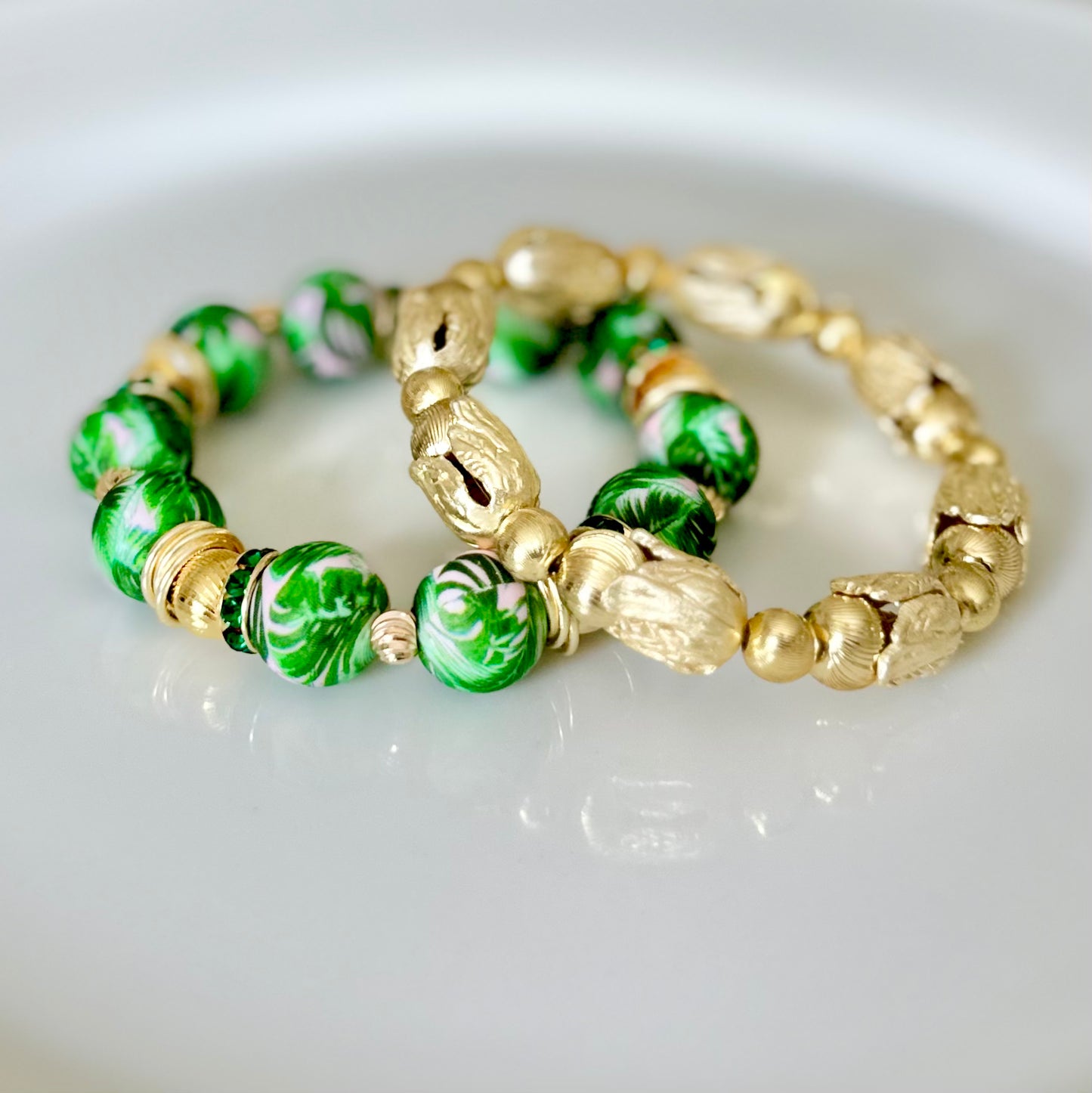 PINK AND GREEN PALM BEACH BANGLE WITH GOLD AND CZ BANGLE