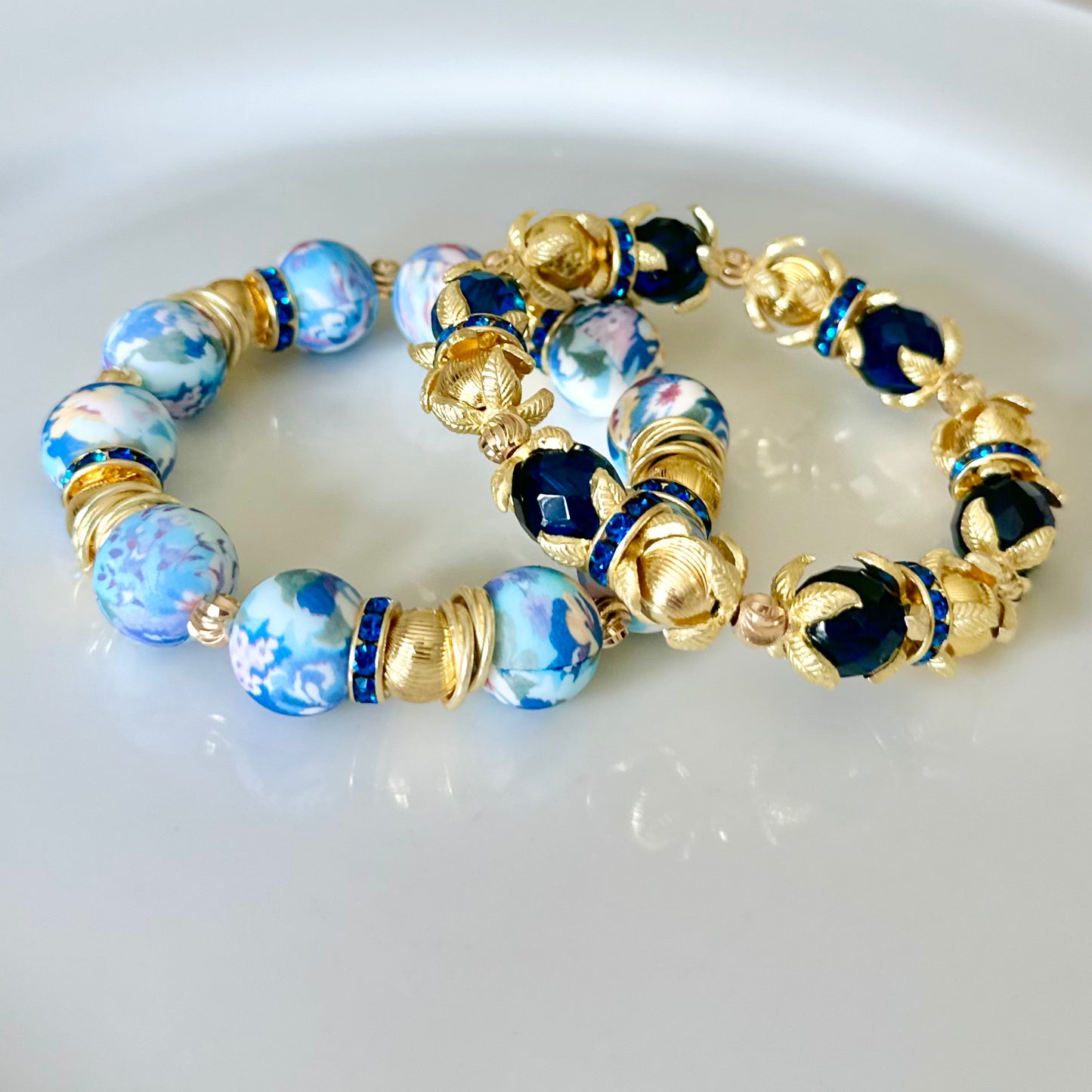 LIGHT BLUE FLORAL BANGLE WITH GOLD AND CZ BANGLE