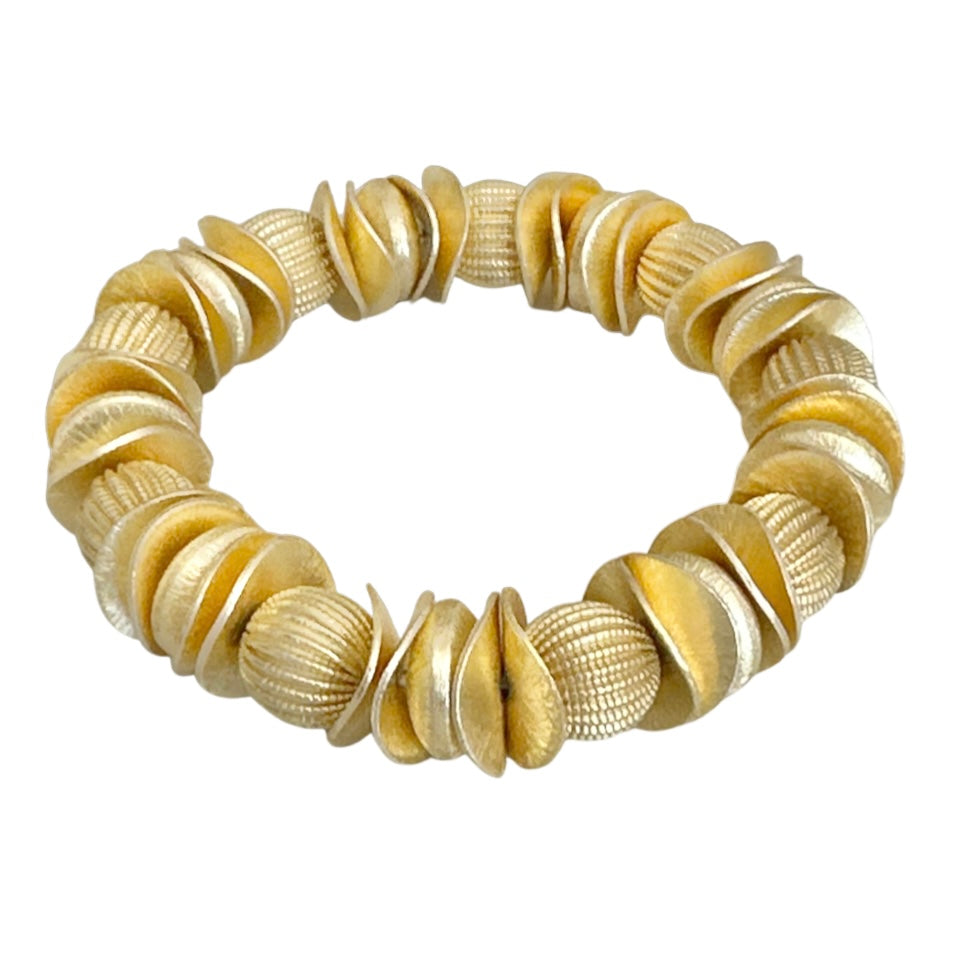 GOLD WAVY DISC AND CORRUGATED STATEMENT BRACELET
