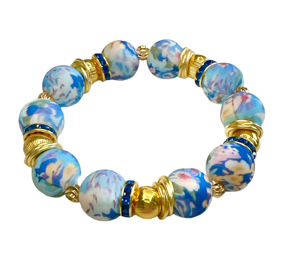 LIGHT BLUE FLORAL BANGLE WITH GOLD AND CZ BANGLE
