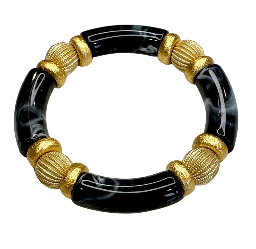 BLACK MARBLE LINK BRACELET WITH GOLD AND CZ ACCENTS