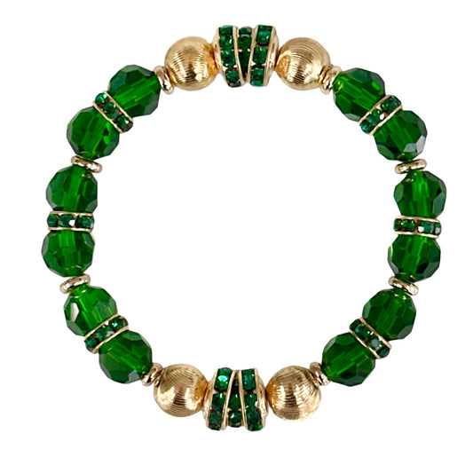 EMERALD FACETED BEADED BANGLE WITH GOLD AND CRYSTAL ACCENTS