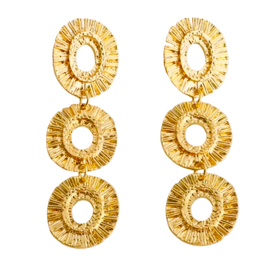 GOLD OPEN RIBBED TRIPLE OVAL EARRING