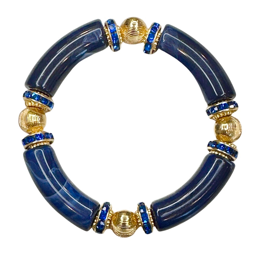 NAVY BLUE AND GOLD LINK BRACELET WITH CZ ACCENTS