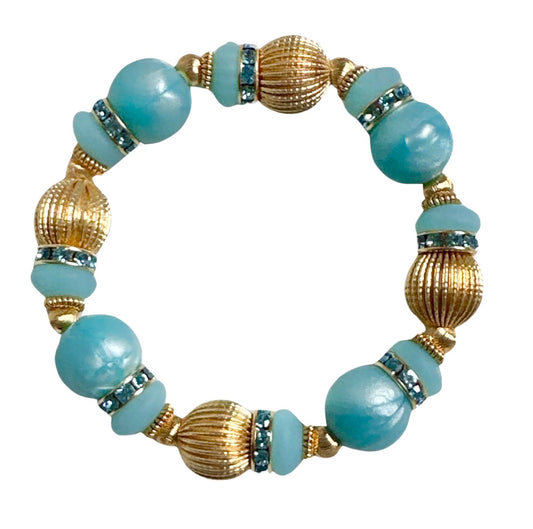 OPALIZED TURQUOISE AND RIBBED GOLD BANGLE WITH TURQUOISE CZ ACCENTS
