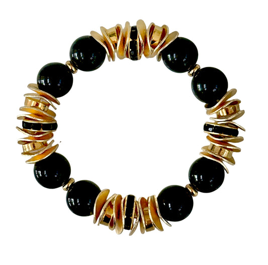 BLACK ONYX GEMSTONE BANGLE WITH GOLD WAVY DISC SND CRYSTAL ACCENTS