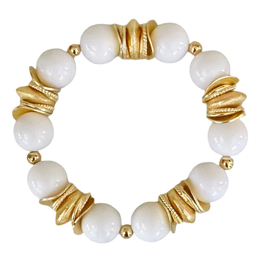 WHITE AND GOLD WAVY DISC BANGLE WITH BRUSHED GOLD ACCENTS
