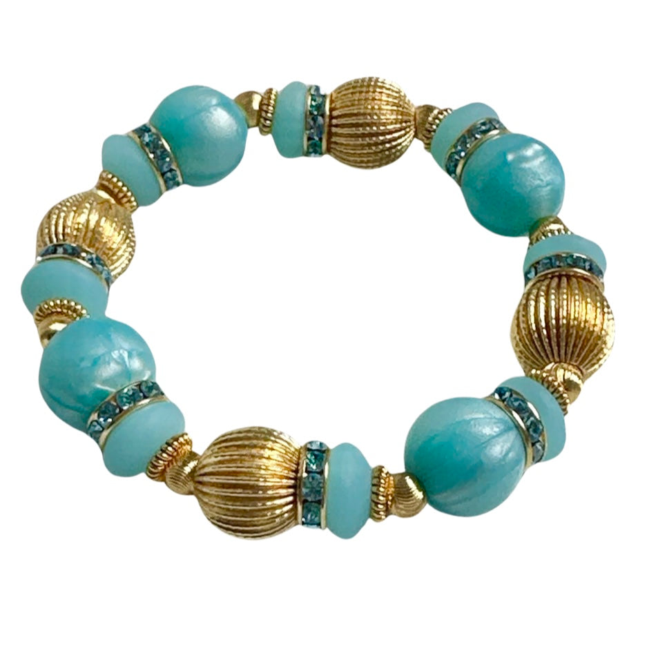 OPALIZED TURQUOISE AND RIBBED GOLD BANGLE WITH TURQUOISE CZ ACCENTS