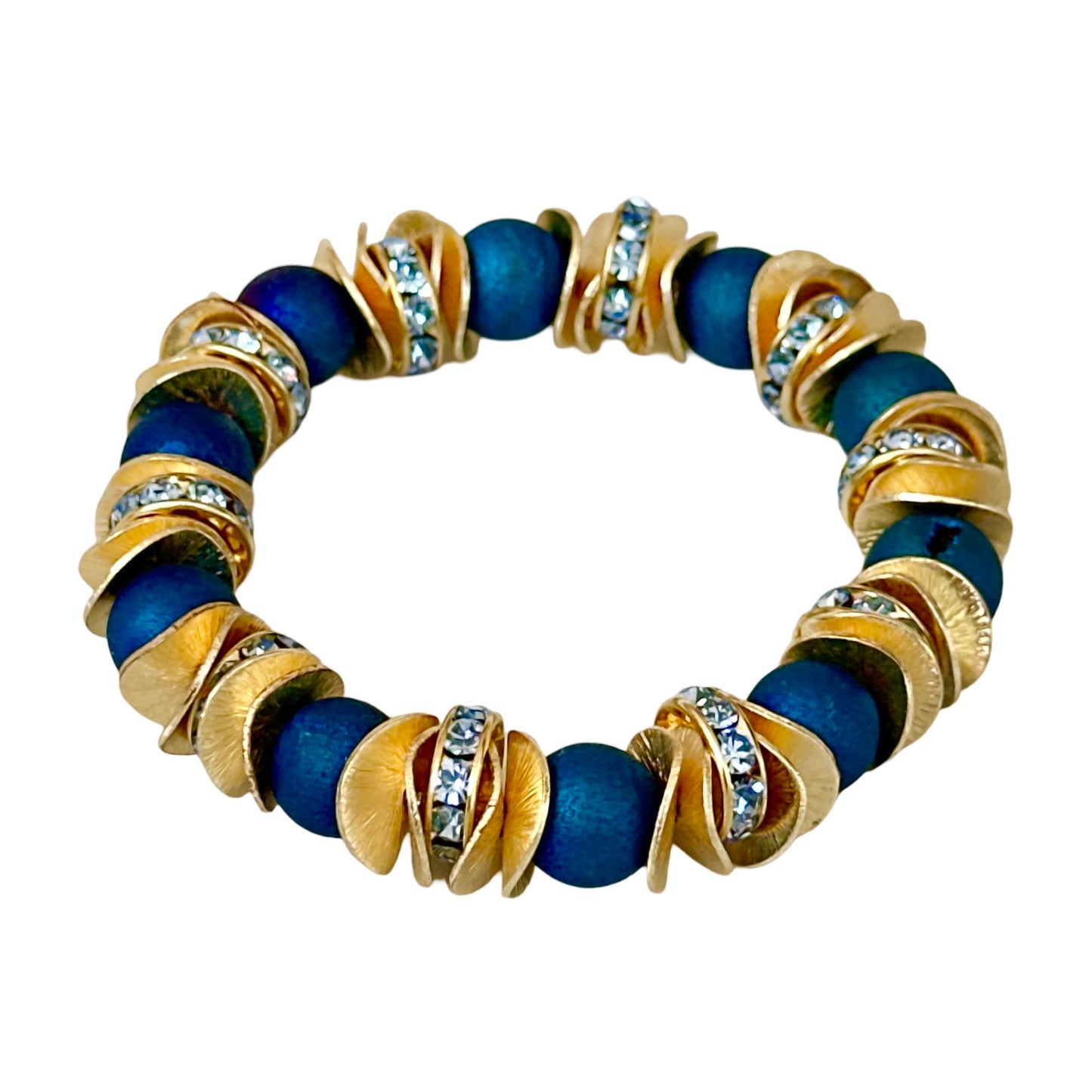 BLUE DRUZY AGATE GEMSTONE, GOLD WAVY DISC BANGLE WITH GOLD AND CRYSTAL ACCENTS