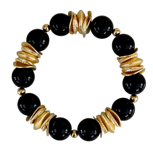 BLACK AND GOLD WAVY DISC BANGLE WITH BRUSHED GOLD ACCENTS
