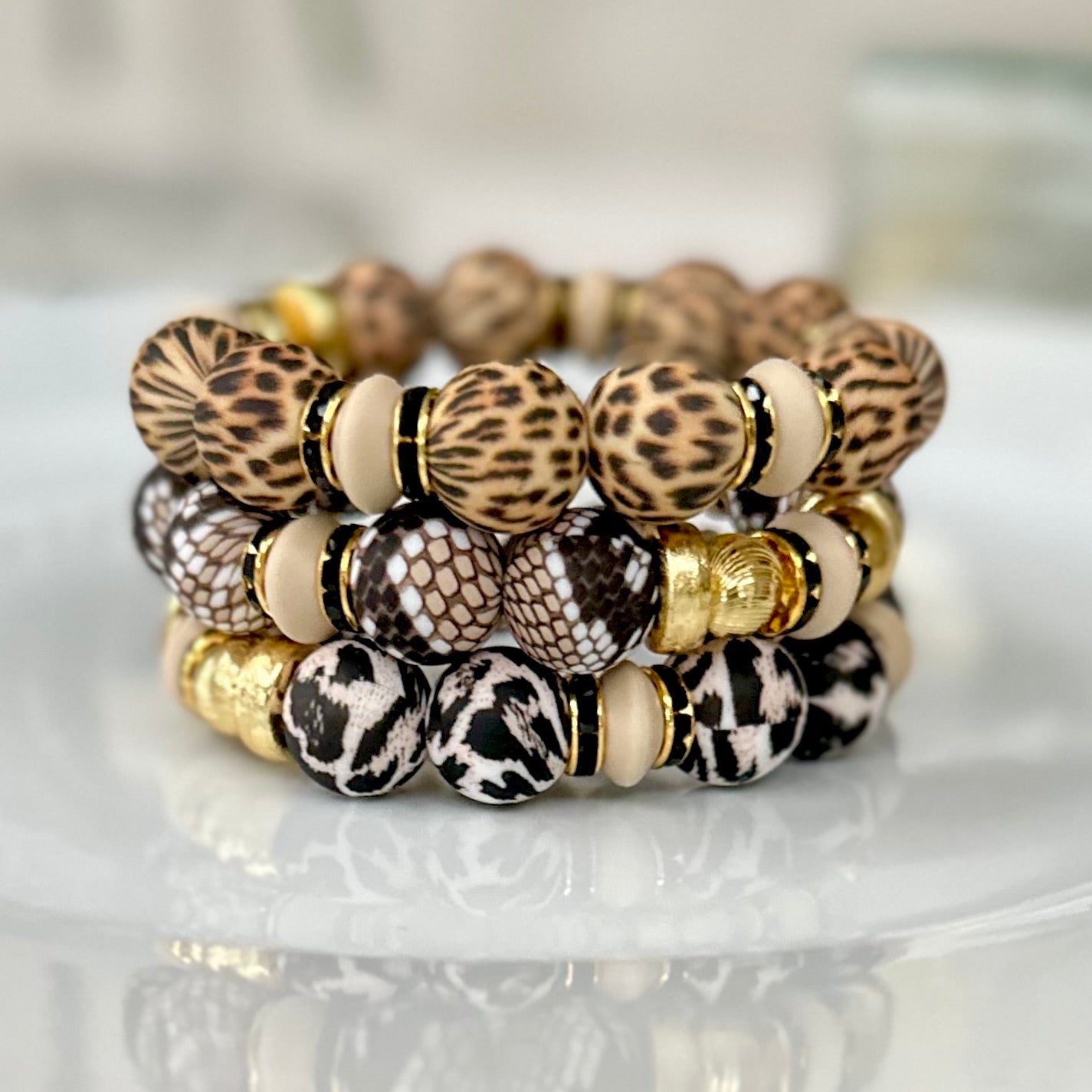 TAUPE AND BLACK LEOPARD BANGLE AND CZ ACCENTS