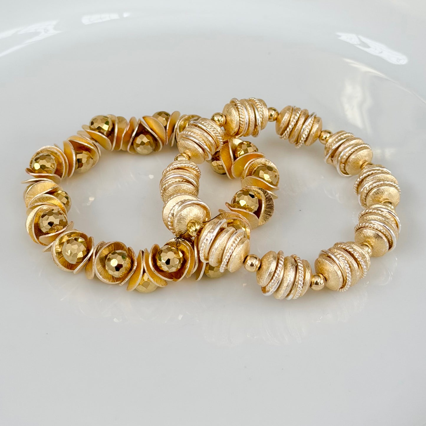 GOLD WAVY DISC AND GOLD FACETED BRIOLETTE BANGLE