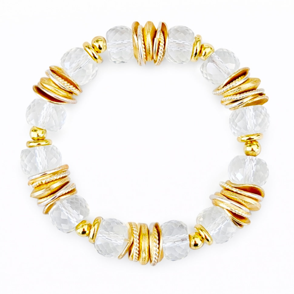 FACETED LUCITE BANGLE WITH GOLD AND WAVY DISC ACCENTS