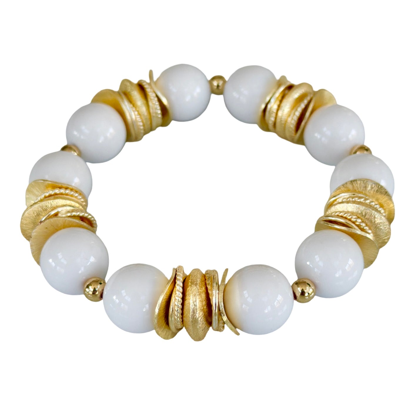 WHITE AND GOLD WAVY DISC BANGLE WITH BRUSHED GOLD ACCENTS