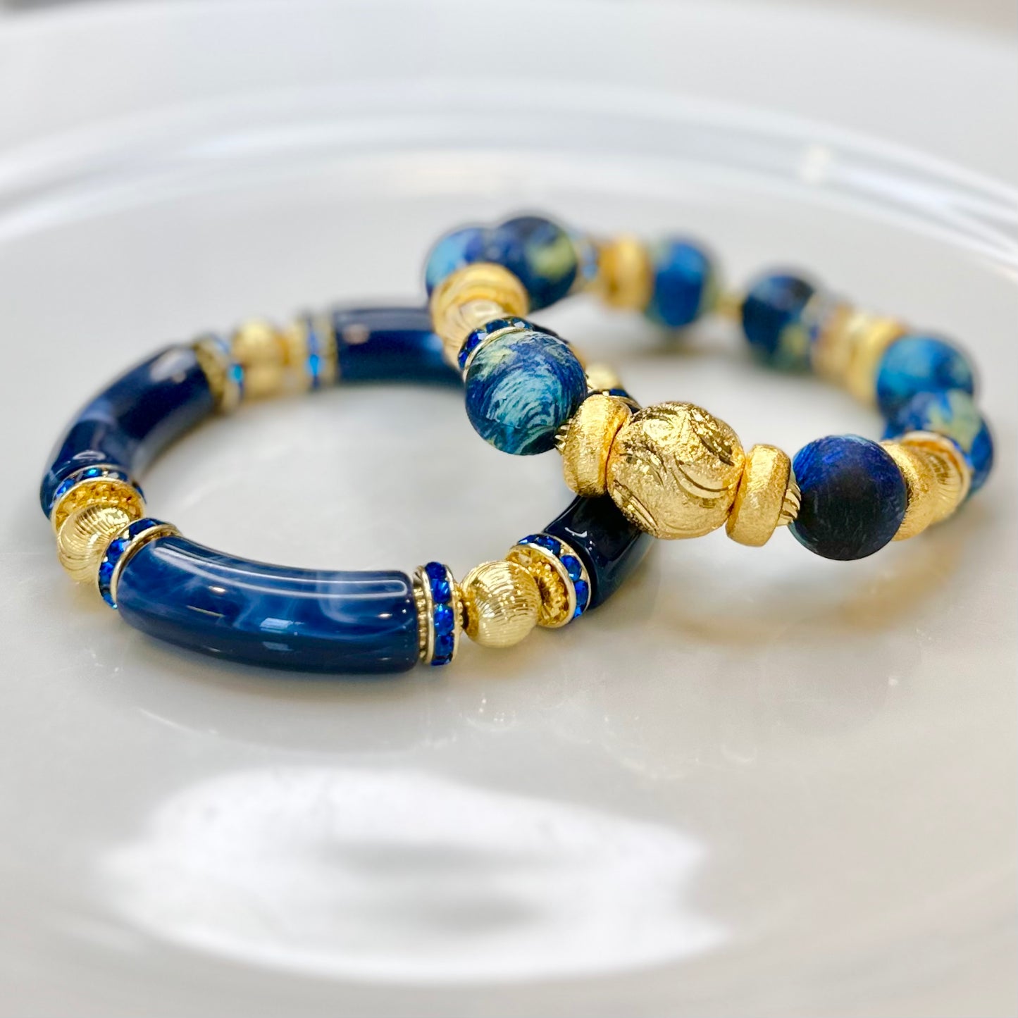 NAVY BLUE AND GOLD LINK BRACELET WITH CZ ACCENTS