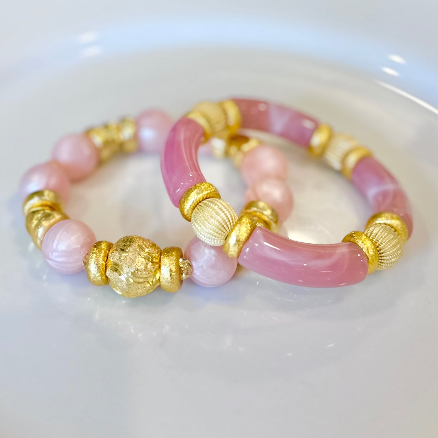 PEARLIZED LIGHT PINK AND GOLD BANGLE WITH CZ ACCENTS