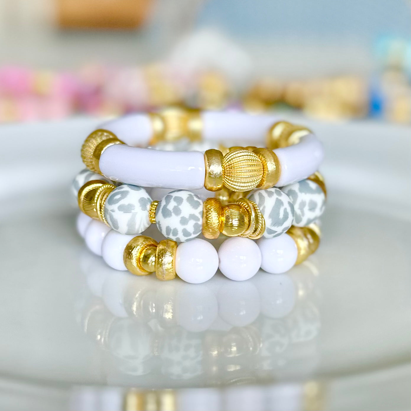 BRIGHT WHITE BANGLE WITH GOLD ACCENTS