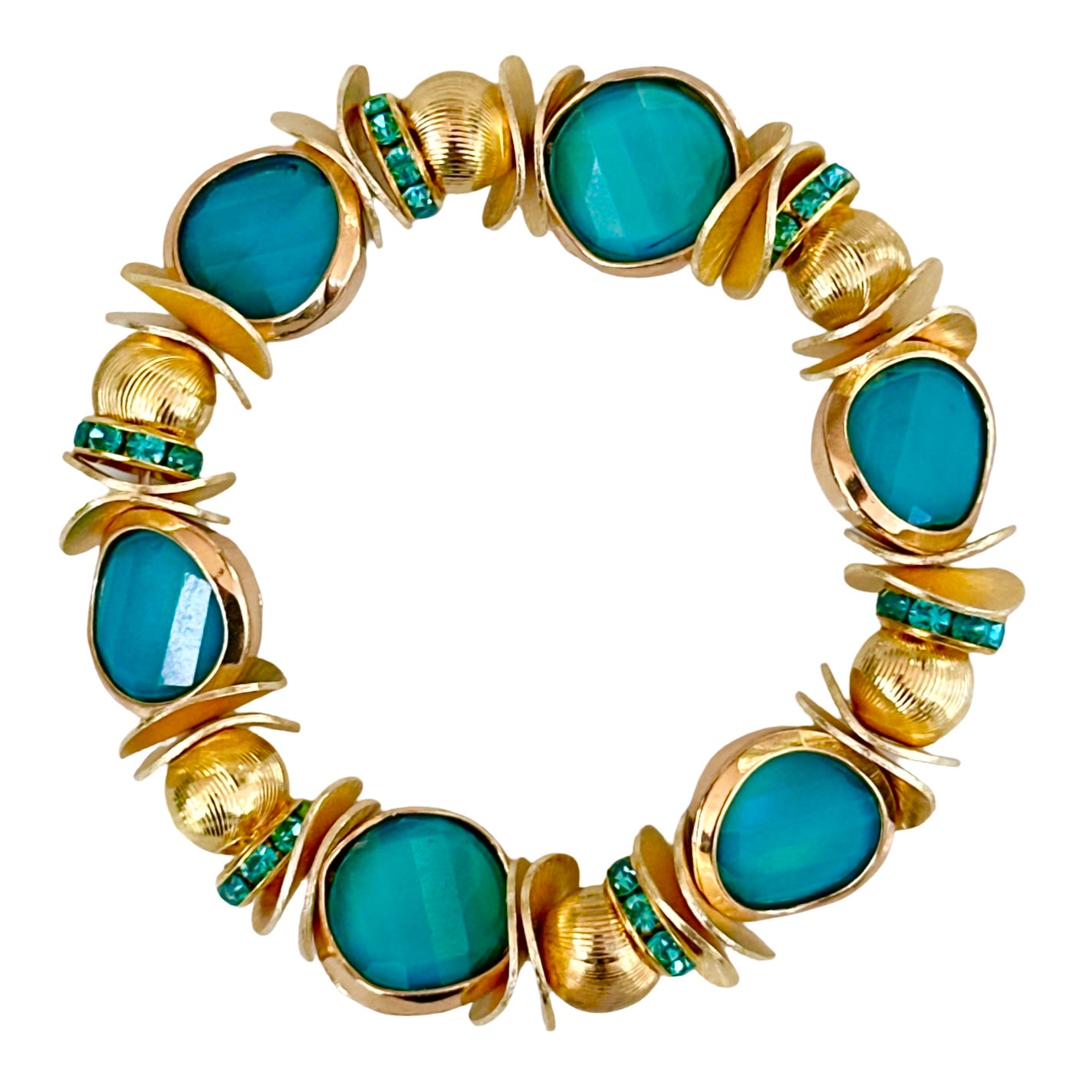 TURQUOISE AND GOLD COIN BANGLE WITH WAVY DISC, GOLD AND CRYSTAL ACCENTS