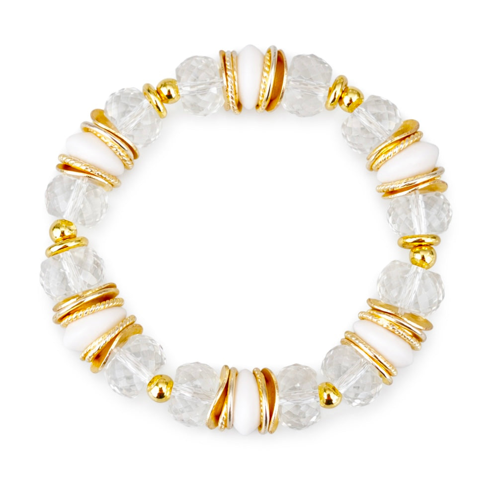 FACETED LUCITE BANGLE WITH GOLD, WAVY DISC AND WHITE ACCENTS