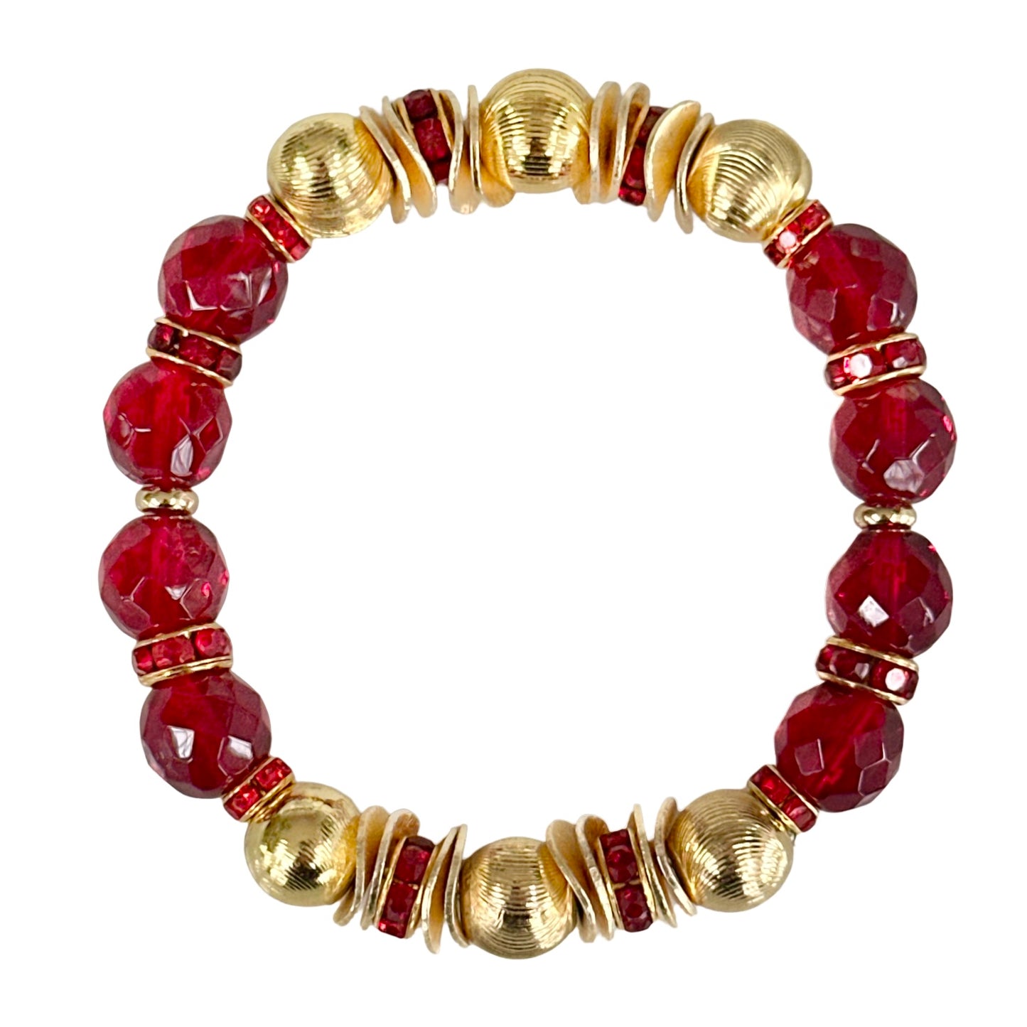 RED FACETED BEADED BANGLE WITH GOLD AND CRYSTAL ACCENTS