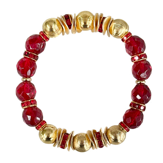 RED FACETED BEADED BANGLE WITH GOLD AND CRYSTAL ACCENTS