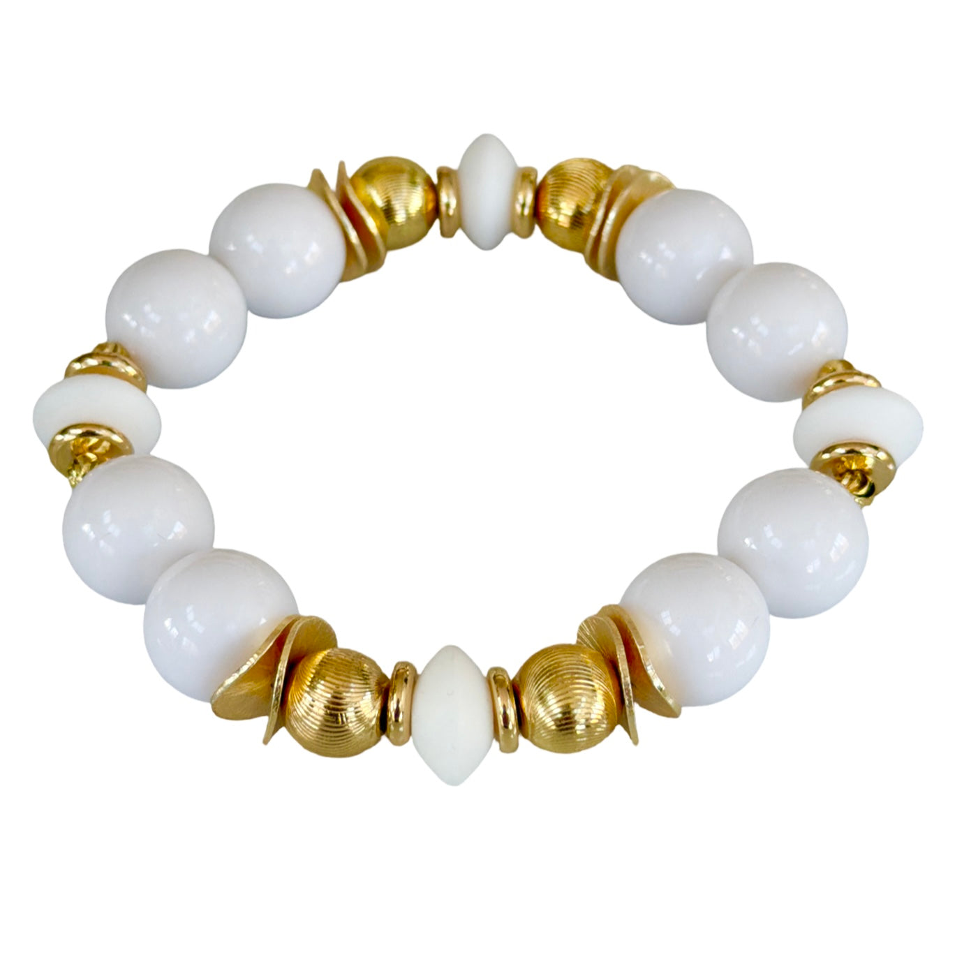 WHITE AND GOLD WAVY DISC BANGLE WIRH WHITE AND GOLD ACCENTS