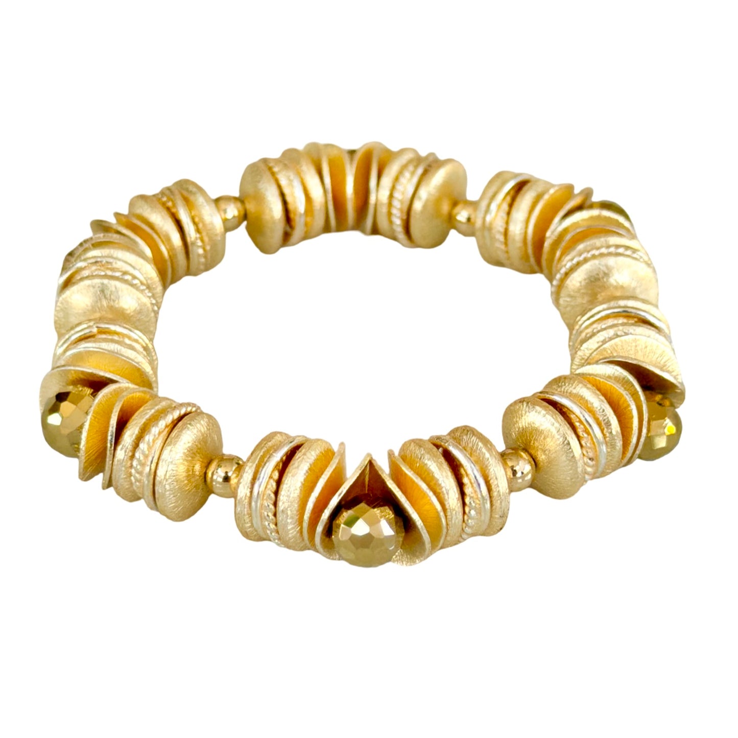 GOLD WAVY DISC BANGLE WITH FACETED GOLD BRIOLETTE ACCENTS
