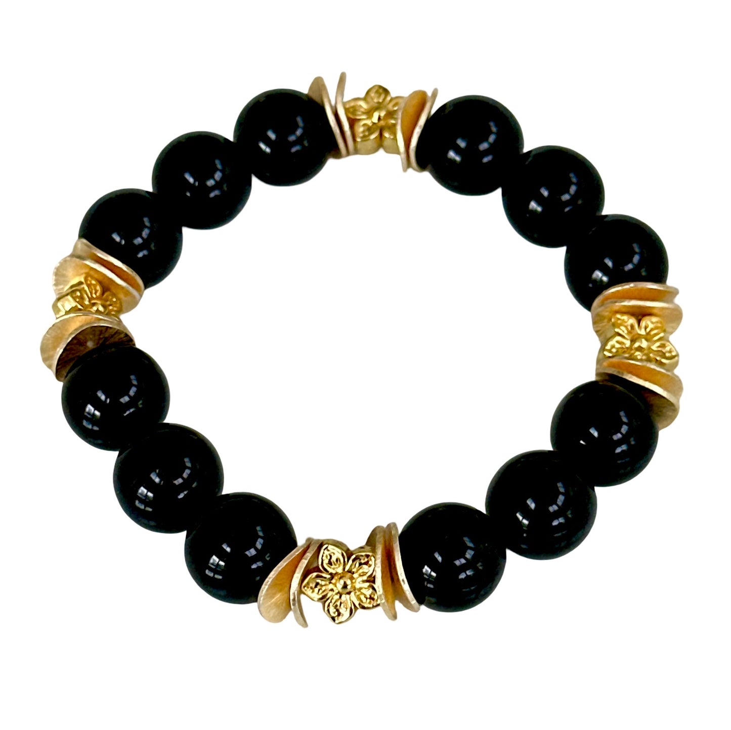 BLACK ONYX GEMSTONE BANGLE WITH GOLD WAVY DISC AND FLOWER ACCENTS
