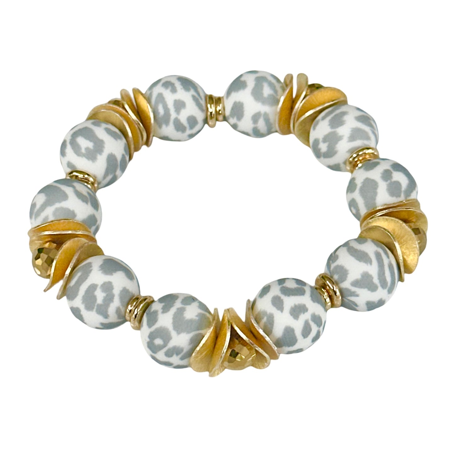 GRAY AND WHITE CHEETAH BANGLE WITH GOLD WAVY DISC AND CRYSTAL ACCENTS